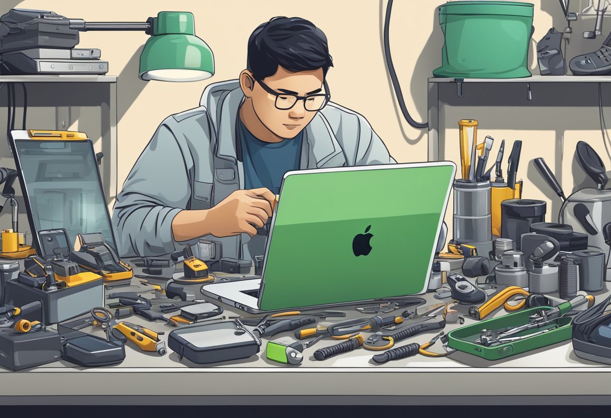 A technician at an Apple repair shop in Singapore carefully examines a broken iPhone, surrounded by various tools and equipment on a clean, well-lit workbench