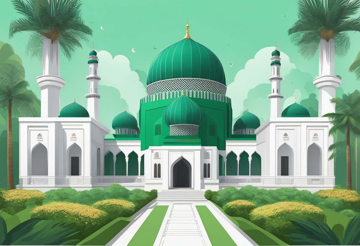 A mosque in Singapore, with a vibrant green dome and intricate geometric patterns on its exterior. The building is surrounded by lush gardens and shaded by tall palm trees