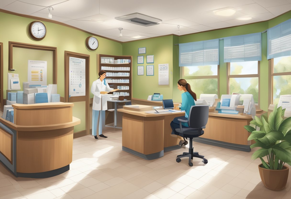 A brightly lit eye doctor's office with various eye charts and equipment, a friendly receptionist at the front desk, and a comfortable waiting area with informational pamphlets on eye health and conditions