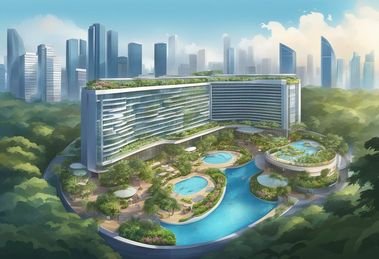 A sprawling hotel complex with lush gardens, a sparkling pool, and modern amenities, set against the backdrop of the bustling cityscape of Singapore