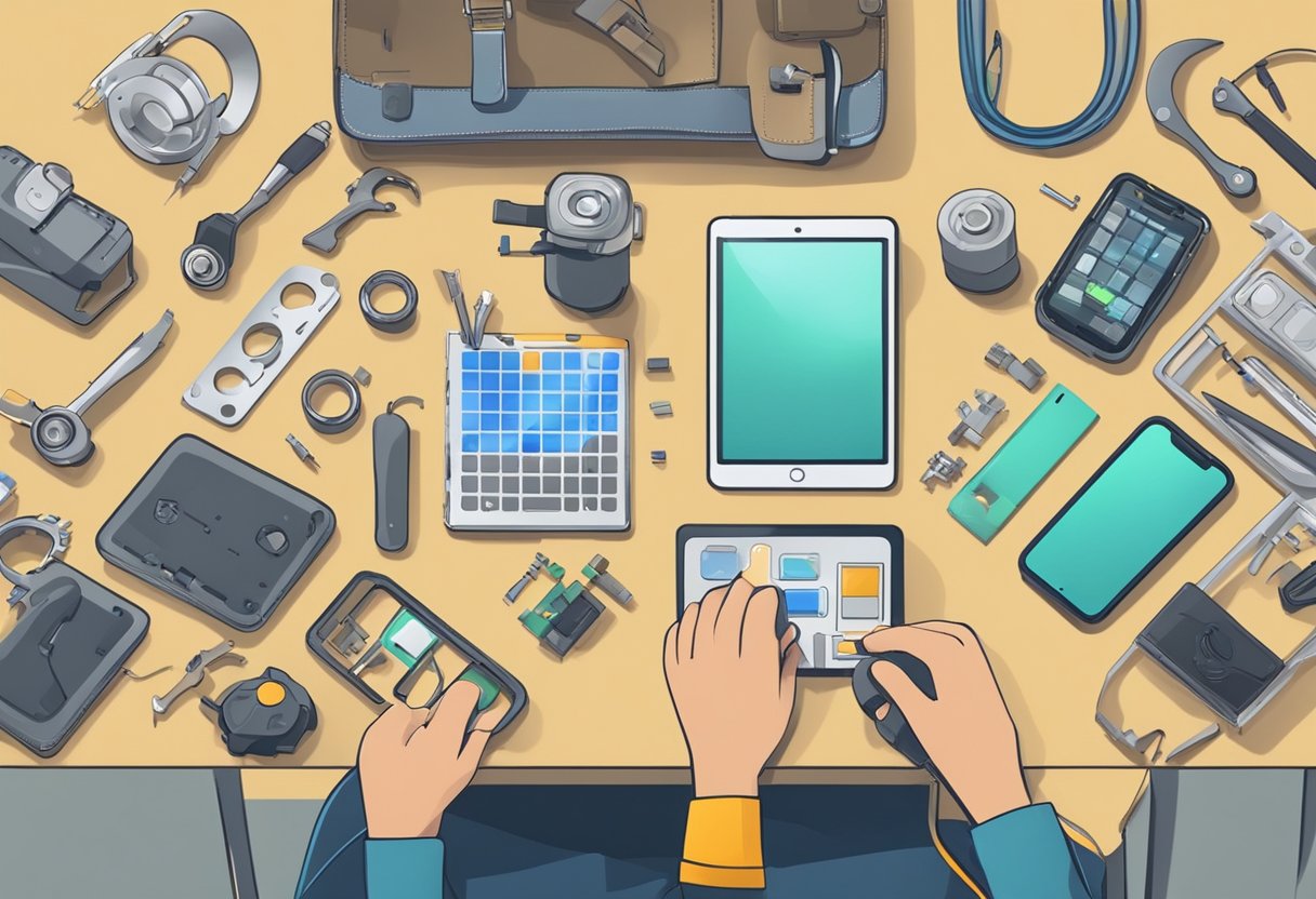 A technician repairing an iPhone at a workbench with various tools and replacement parts nearby