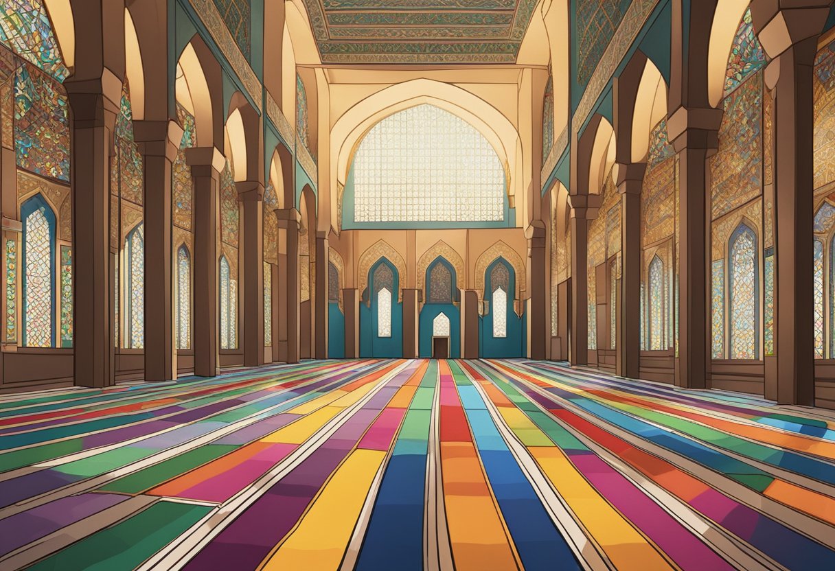 A serene mosque interior with rows of prayer mats facing Mecca, illuminated by soft natural light streaming through stained-glass windows
