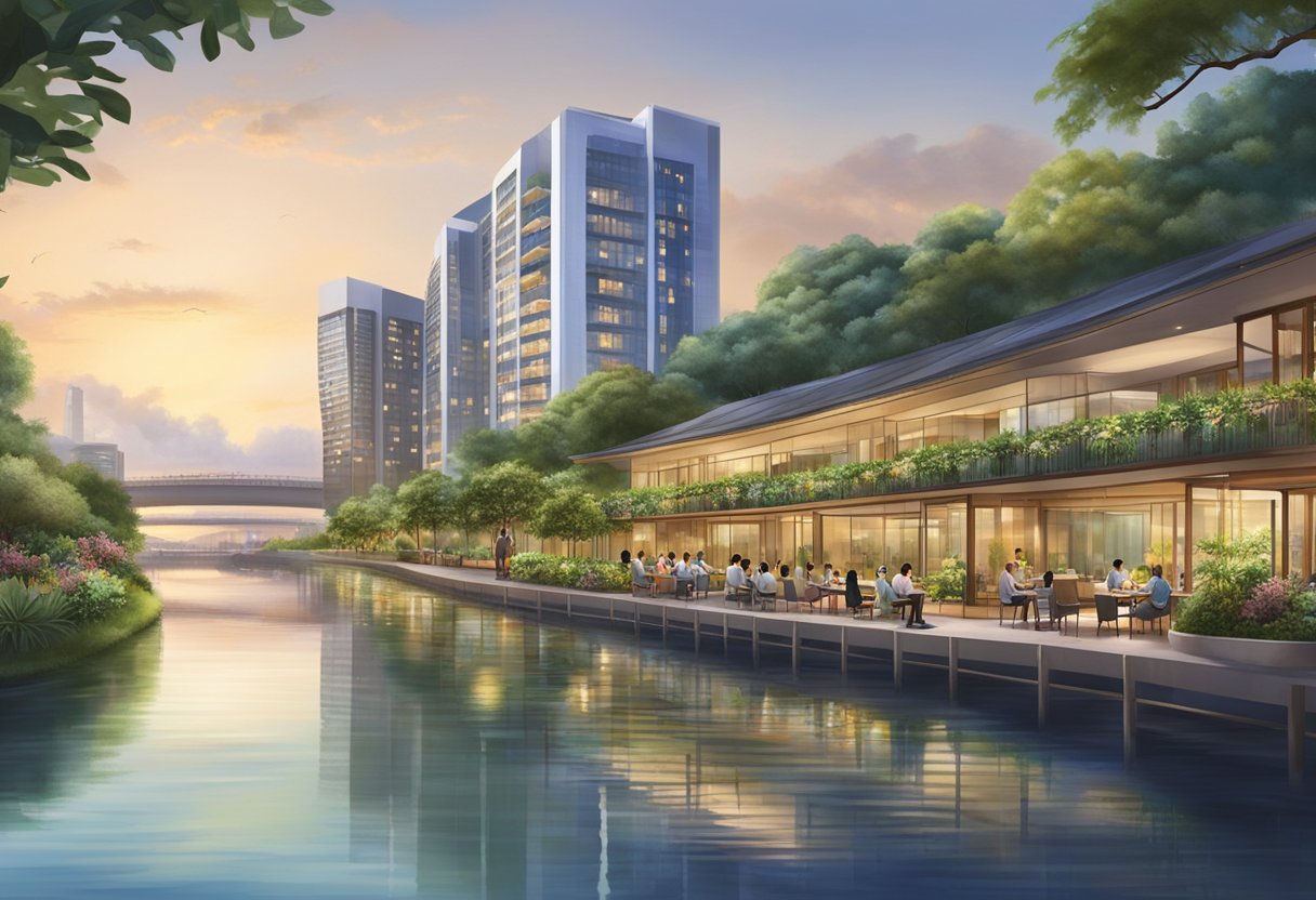 Guests enjoy a serene riverfront view at Furama Riverfront Singapore, with lush greenery, a tranquil waterway, and modern hotel architecture