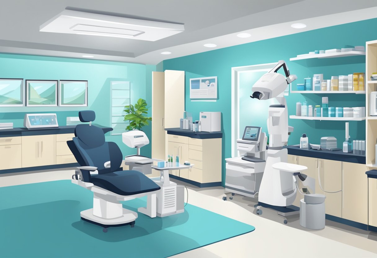 A modern eye care clinic with various equipment and treatment options. Bright, clean, and professional environment for patients