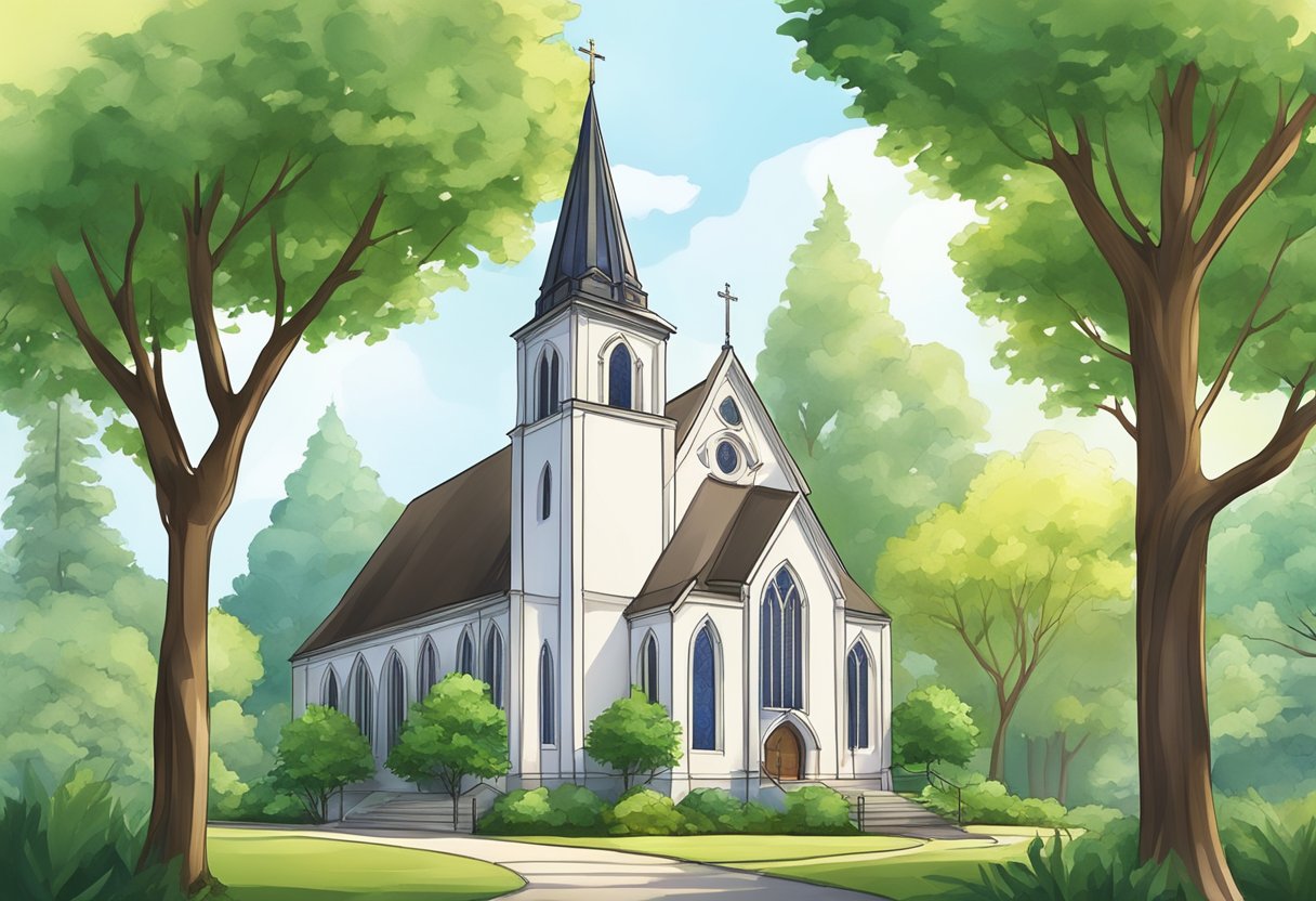 A serene church building with a tall steeple and stained glass windows, surrounded by lush greenery and a peaceful atmosphere