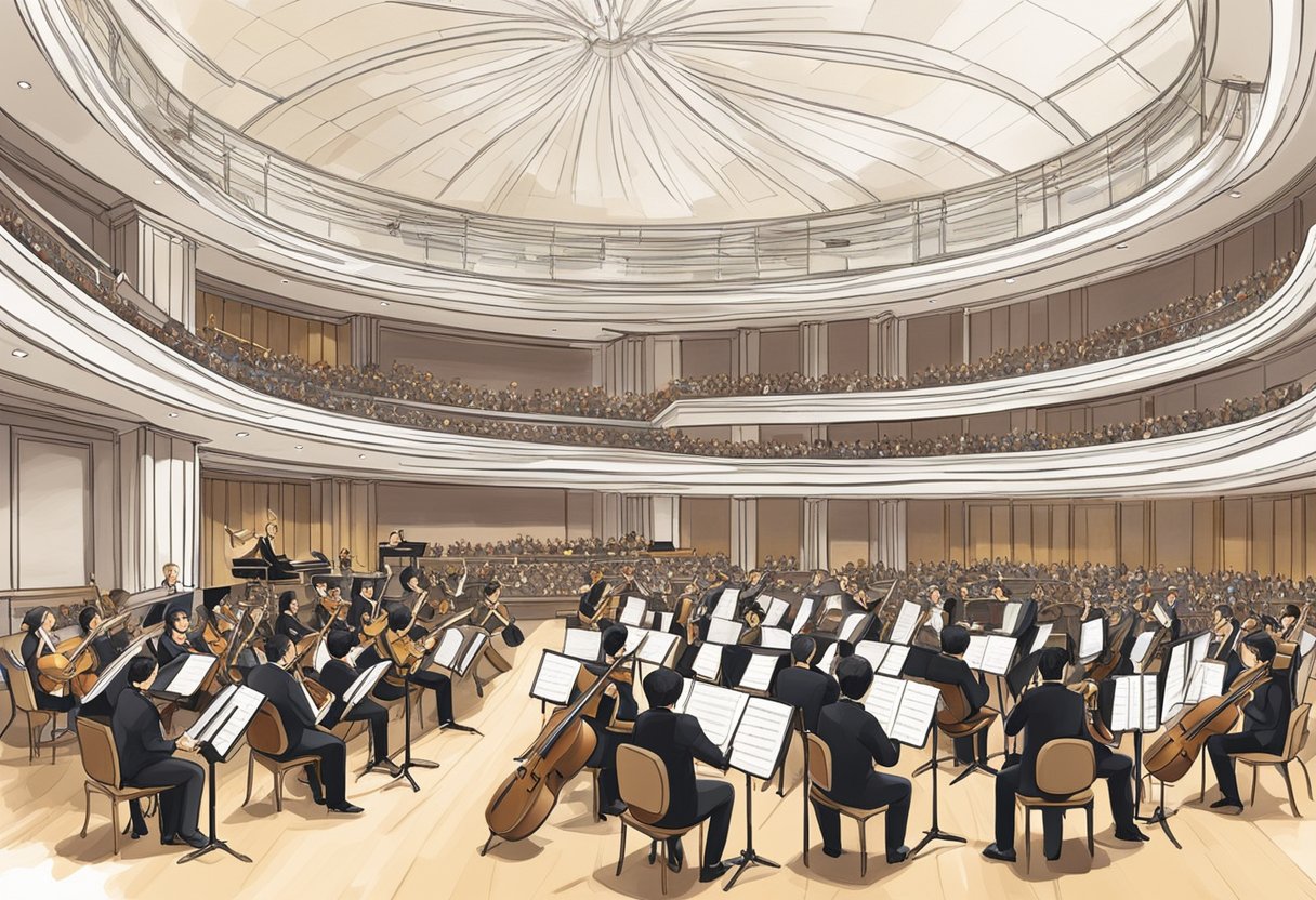 The Singapore Symphony Orchestra performs in a grand concert hall, with musicians playing various instruments on a stage adorned with elegant decor