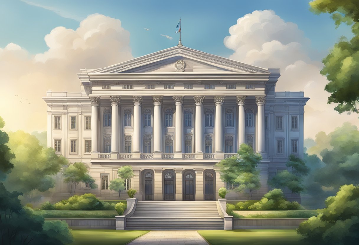 History and Leadership: A grand building with a strong presence, surrounded by lush greenery, exuding a sense of wisdom and authority