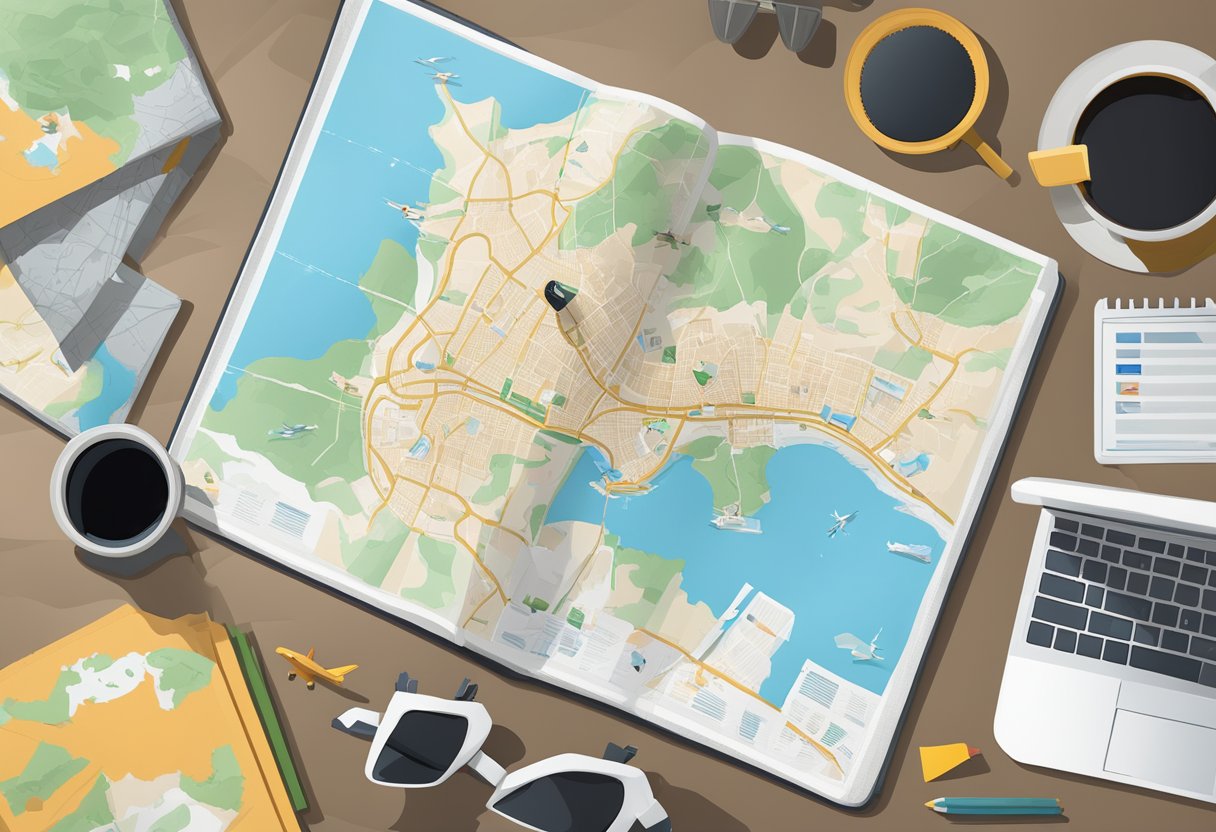 A map of Singapore and Chiang Mai lay open on a table, surrounded by travel guides and a laptop displaying flight options