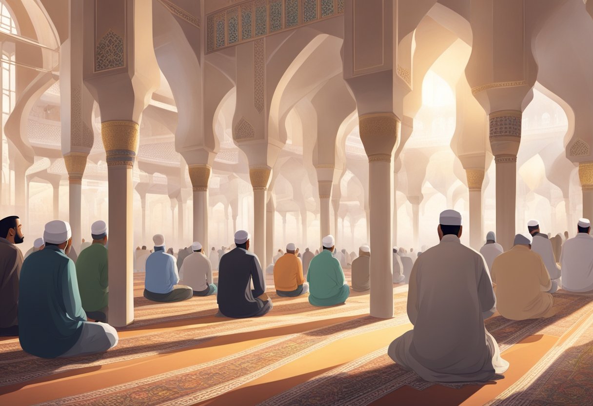 People in a mosque, facing Mecca, praying in the traditional Muslim manner. The room is peaceful and serene, with soft lighting and beautiful architecture