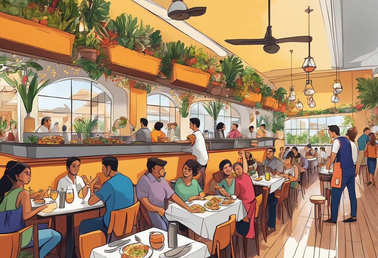 A bustling Spanish restaurant in Singapore, with vibrant decor, tapas on display, and diners enjoying paella and sangria