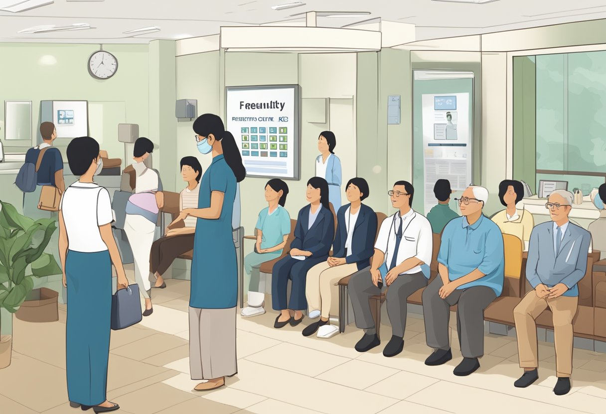 A bustling waiting room with diverse patients, a reception desk, and a prominent "Frequently Asked Questions" sign at an eye doctor's clinic in Singapore