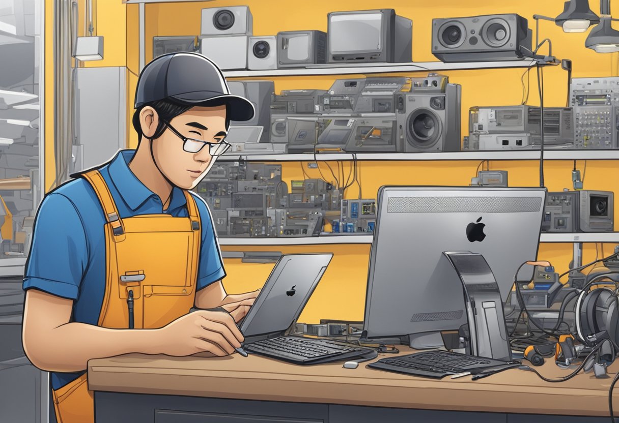 A technician at a repair shop in Singapore answers questions about Apple products