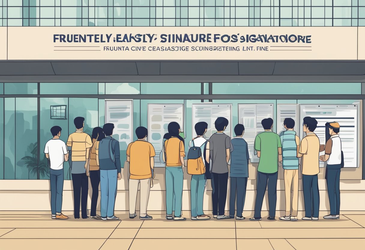 A group of people standing in line at a government office, with a sign above that reads "Frequently Asked Questions: Solat Singapore."