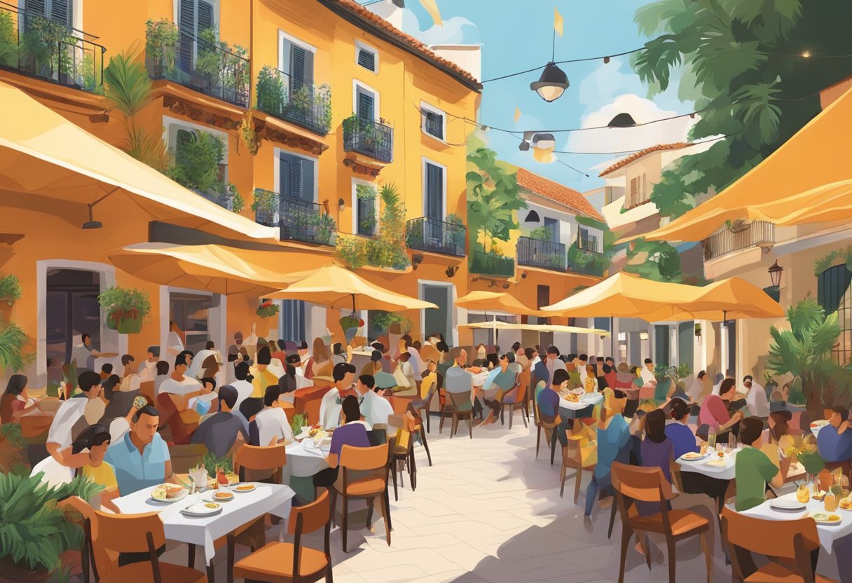 A bustling Spanish restaurant in Singapore, with vibrant decor and aromas of paella and tapas filling the air