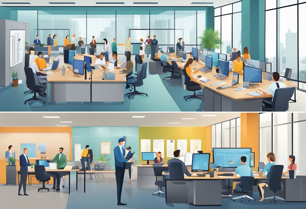 A bustling office with employees working at their desks, a conference room filled with people in a meeting, and a reception area with visitors coming and going
