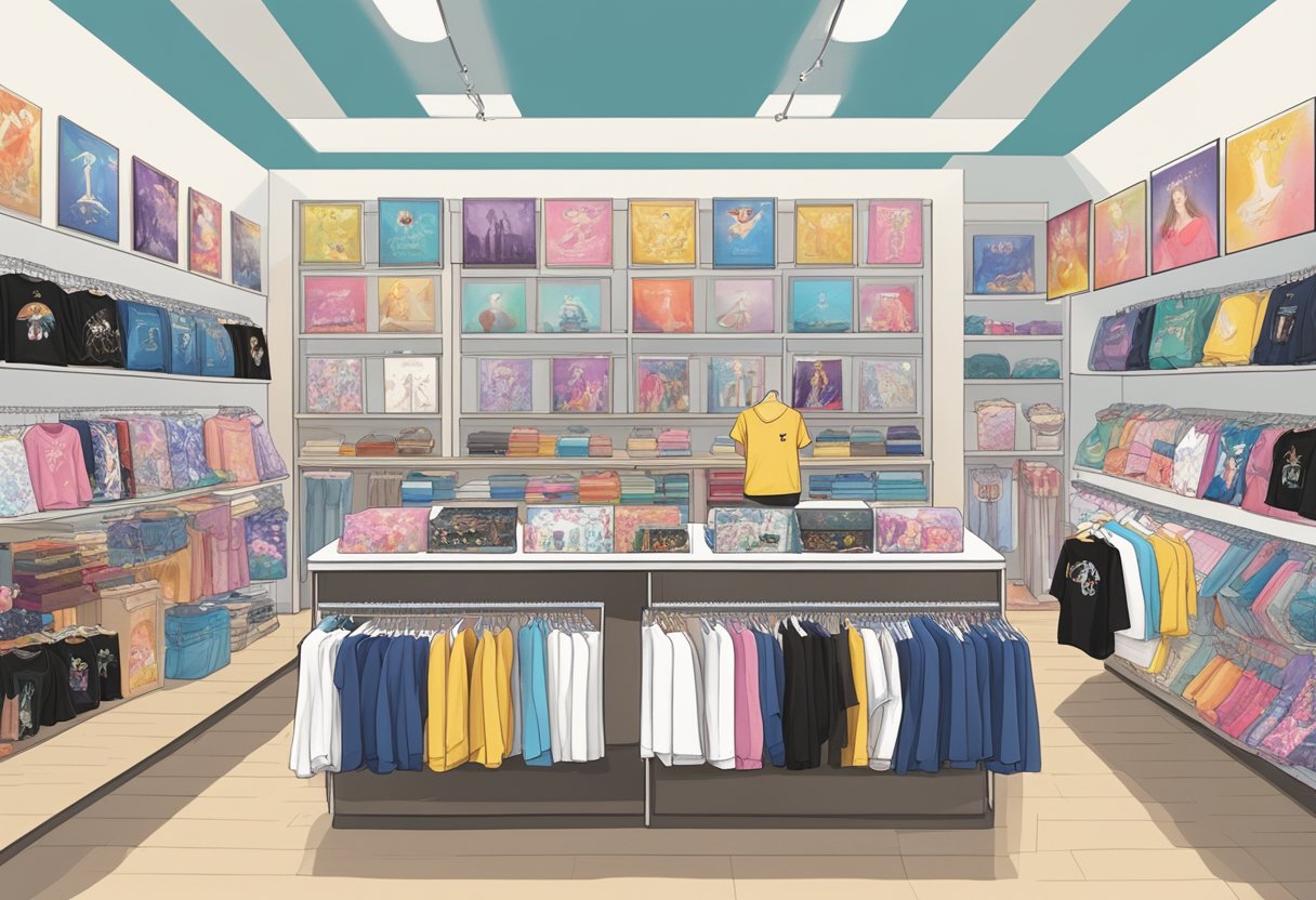 A display of Taylor Swift merchandise in a Singapore store, featuring t-shirts, albums, and accessories