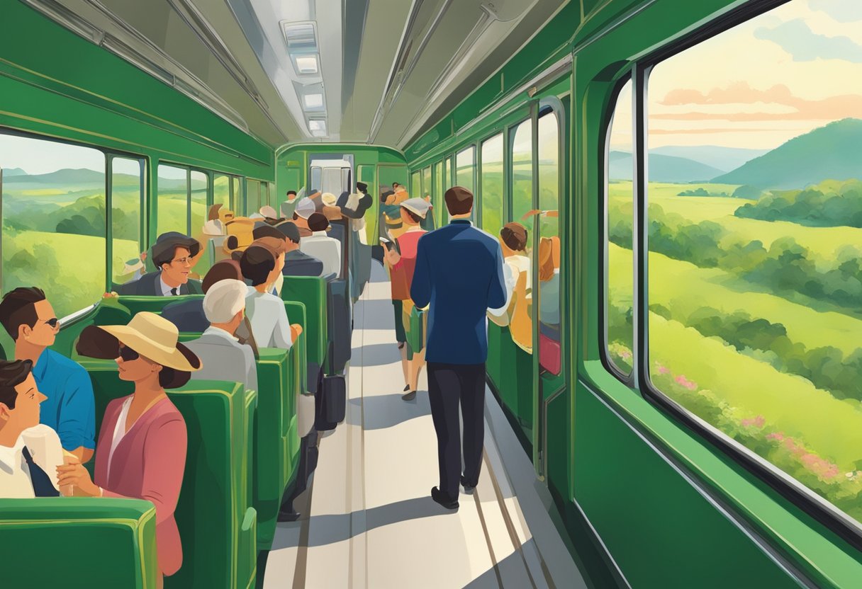 Passengers enjoying the view as the train winds through lush green landscapes, with a steward serving refreshments in the background