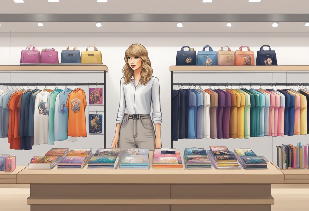 A display of Taylor Swift merchandise in a Singaporean store, featuring albums, clothing, and accessories
