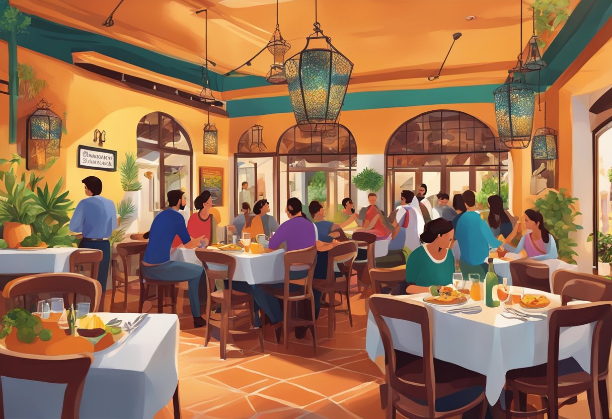A bustling Spanish restaurant with vibrant decor and a lively bar area, filled with the aromas of paella and the sounds of flamenco music