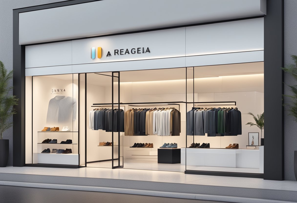 A sleek and modern storefront with clean lines and a prominent logo. The interior features minimalist displays of stylish shoes and accessories