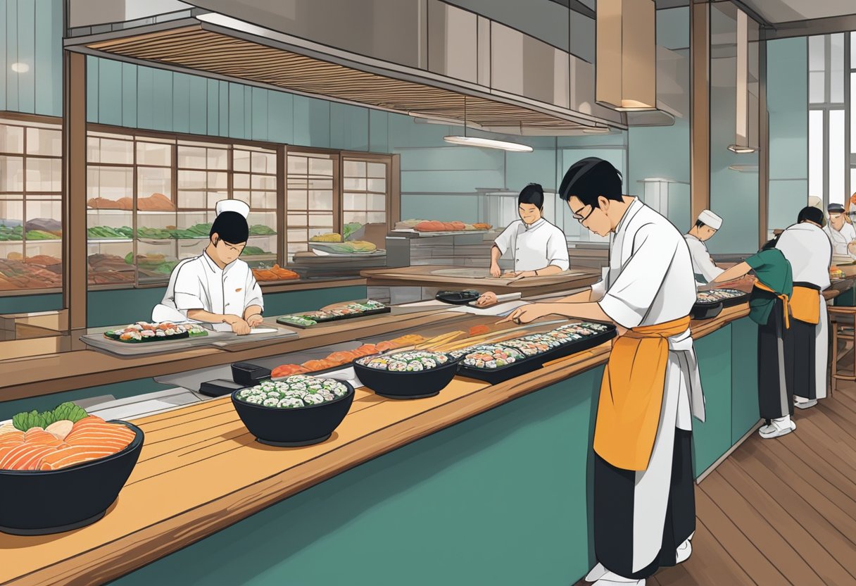 A bustling sushi bar in Singapore, with colorful plates of fresh sushi lined up on a sleek, wooden counter. The chef expertly slices fish behind the bar, while customers eagerly await their orders