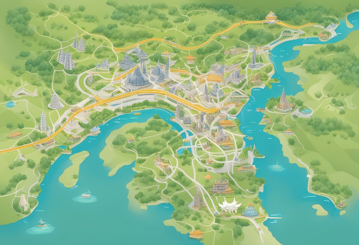 A map of Singapore to Chiang Mai with highlighted route and landmarks