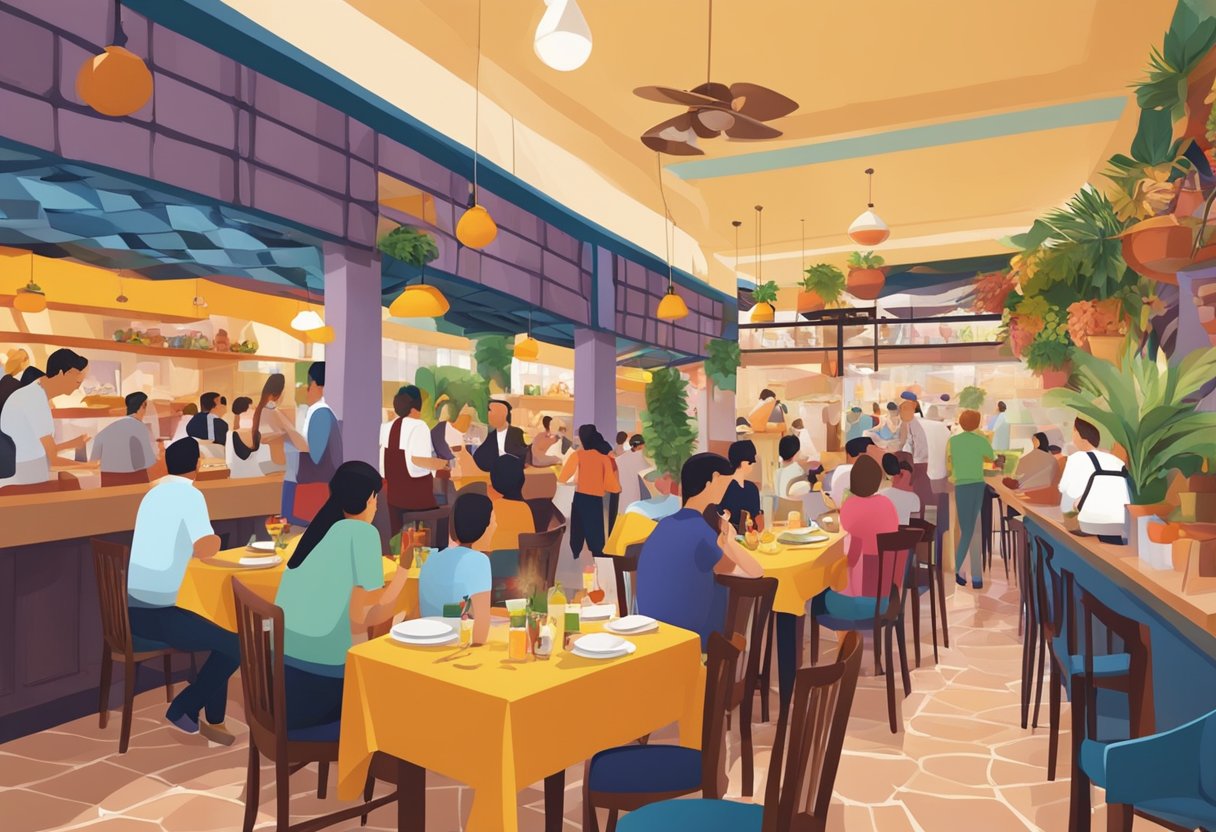 A bustling Spanish restaurant in Singapore, with colorful decor, lively music, and diners enjoying tapas and paella