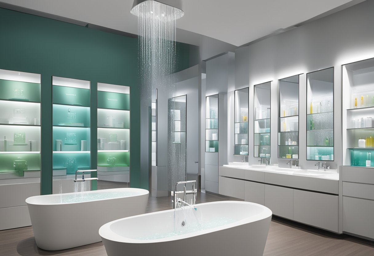 Hansgrohe's products displayed in a modern showroom in Singapore. Bright lighting highlights the sleek faucets and showerheads, with the company logo prominently featured