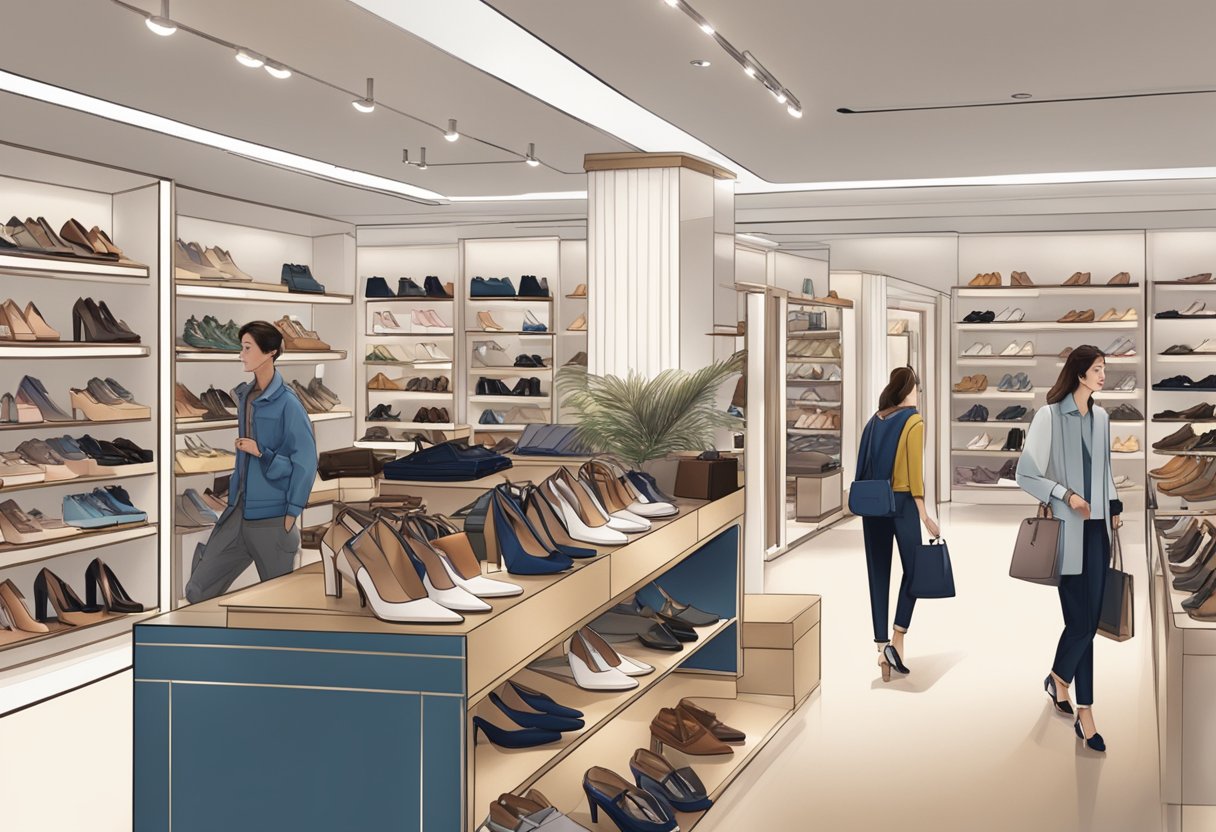 A busy store with shelves of shoes, bags, and accessories. Customers browsing and staff assisting. Charles & Keith logo prominently displayed
