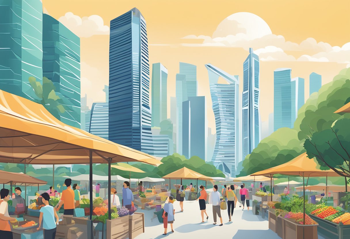 A bustling cityscape with iconic landmarks like Marina Bay Sands, Gardens by the Bay, and bustling street markets