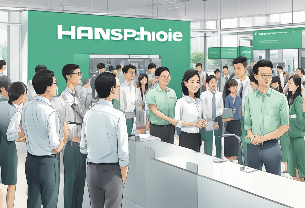 A customer service representative answering questions at a hansgrohe Singapore booth, with a line of people waiting to inquire