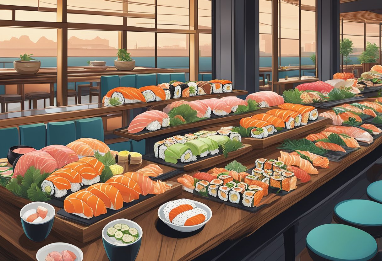 A colorful array of sushi rolls and sashimi arranged on a sleek, wooden sushi bar in a bustling Singapore restaurant