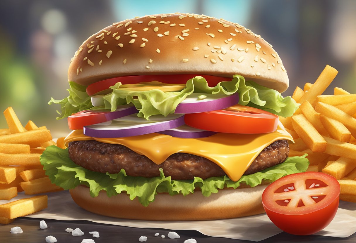 A sizzling hot burger sits on a glistening sesame seed bun, topped with crisp lettuce, juicy tomatoes, and melted cheese, surrounded by a pile of golden, crispy fries