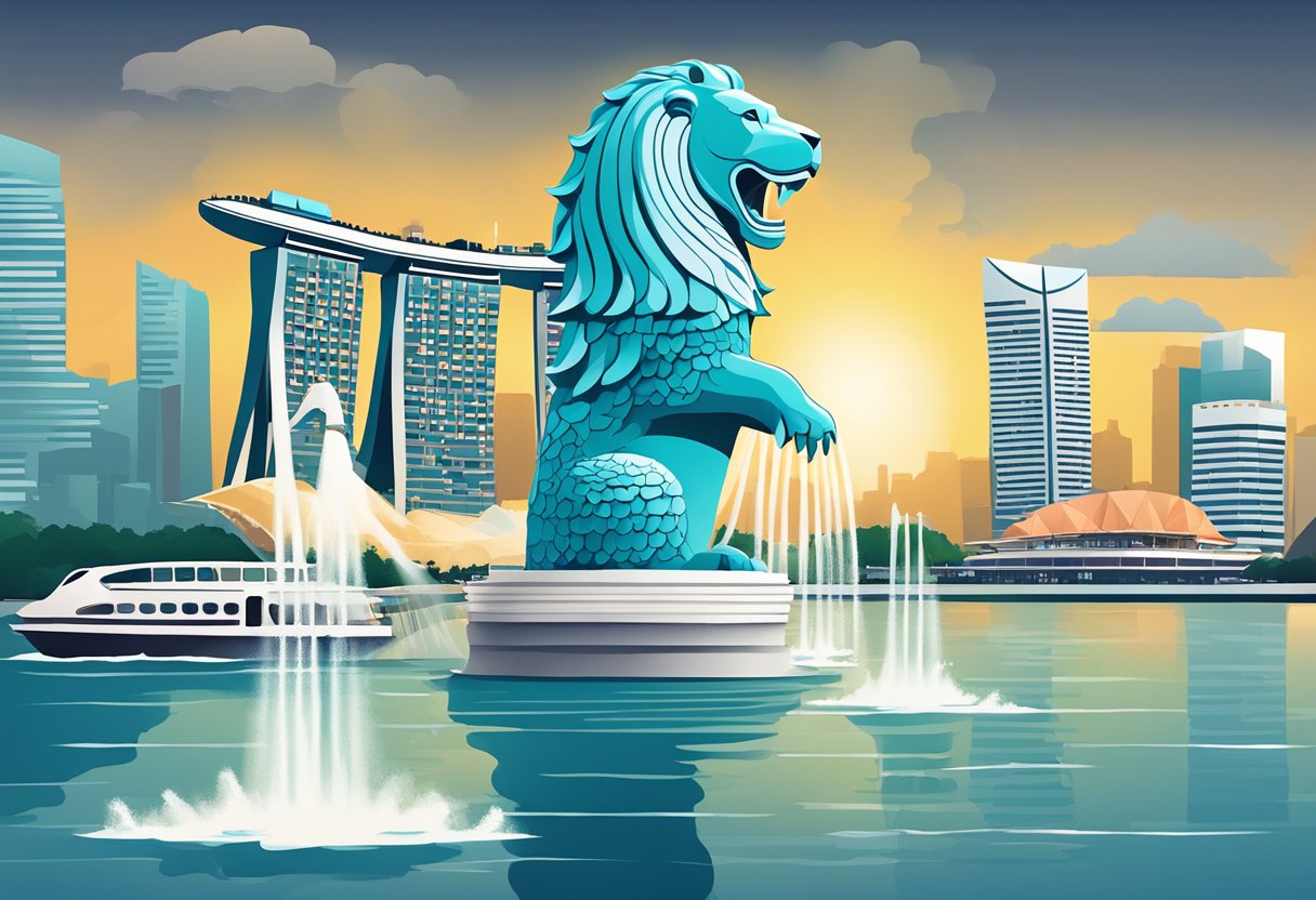 The iconic Merlion statue spouts water against the backdrop of the Marina Bay Sands and the Singapore Flyer