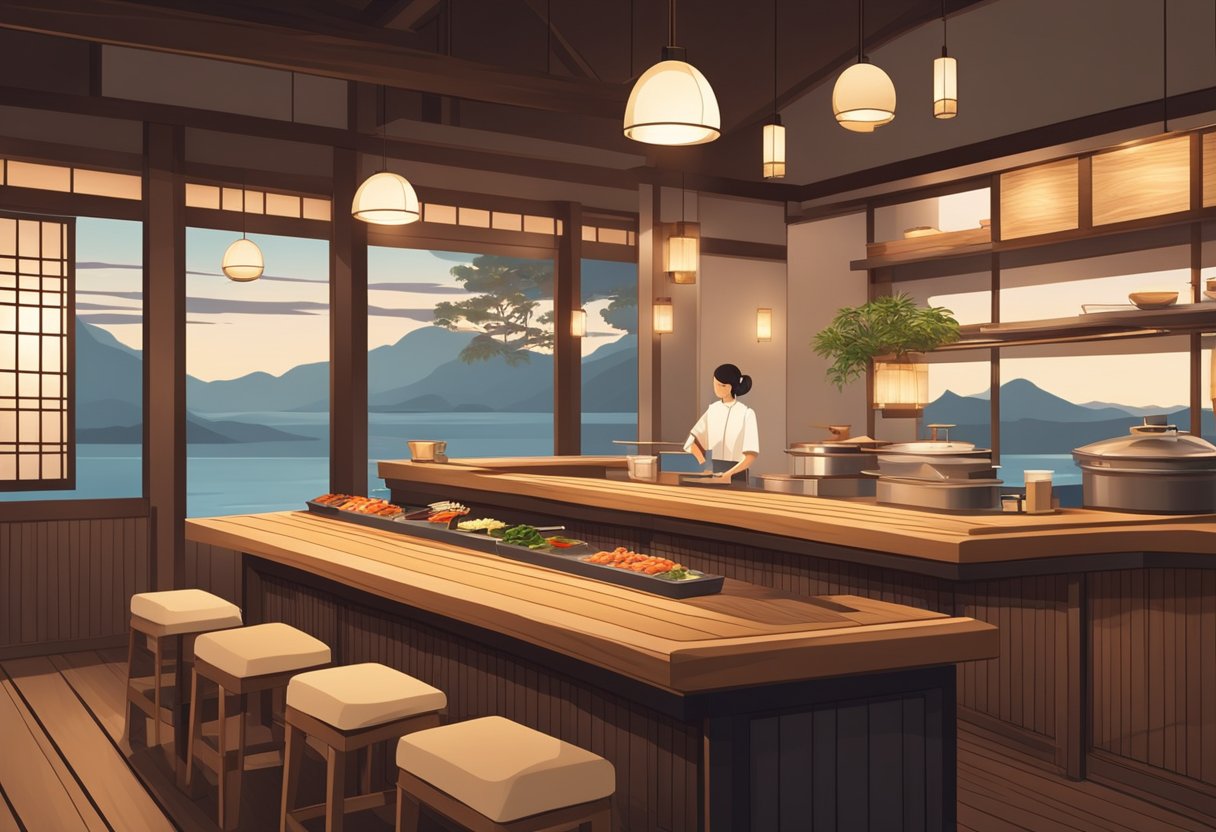 A traditional Japanese sushi bar with elegant plating and fresh seafood on a wooden counter. Warm lighting and minimalist decor create a serene atmosphere
