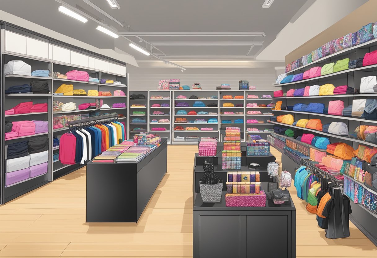 A display of Taylor Swift merchandise in a Singapore store, with various items arranged neatly on shelves and racks