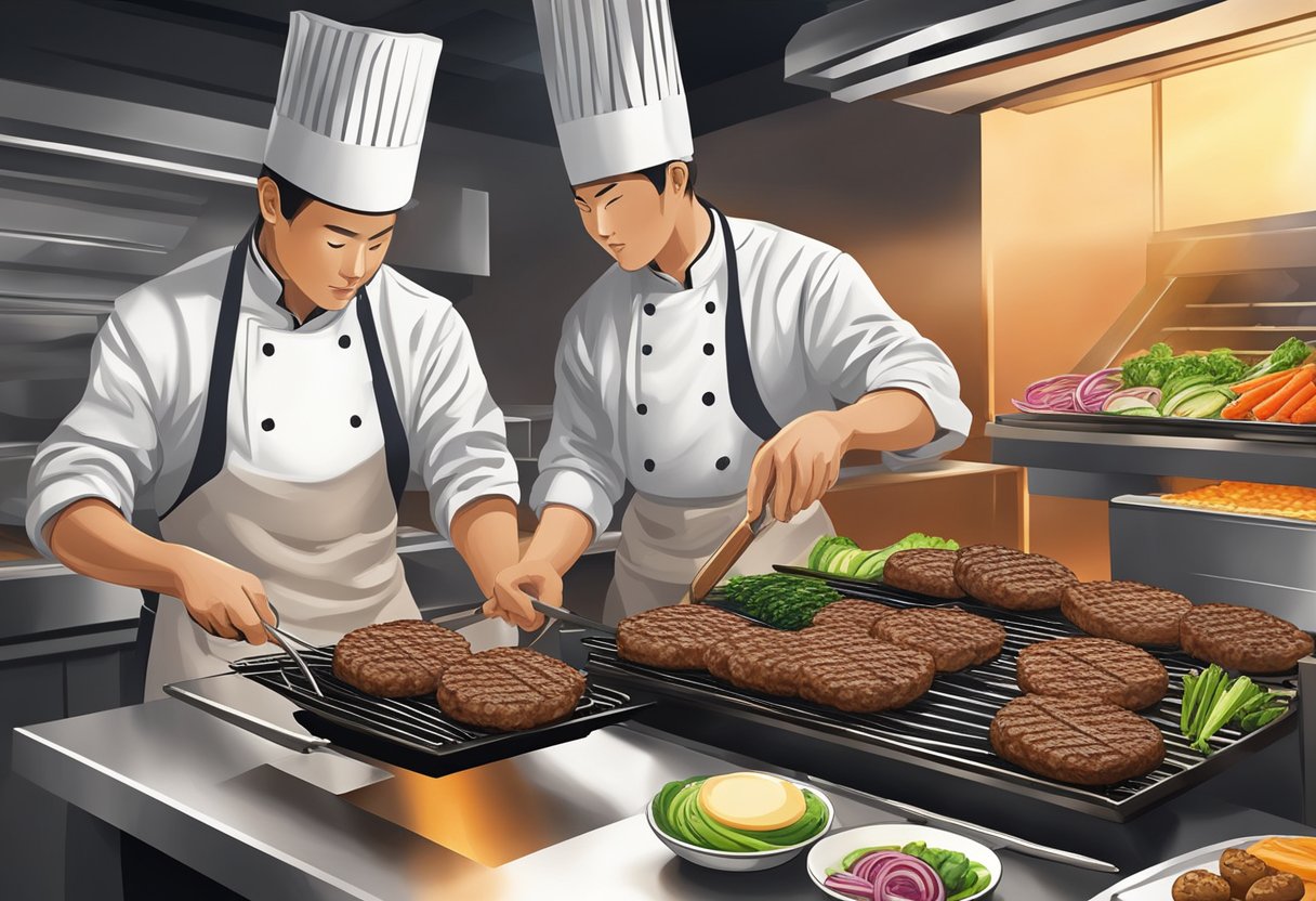 A sizzling hot grill cooks juicy beef patties while fresh vegetables are being meticulously arranged on a toasted bun at The Honbo Experience in Singapore