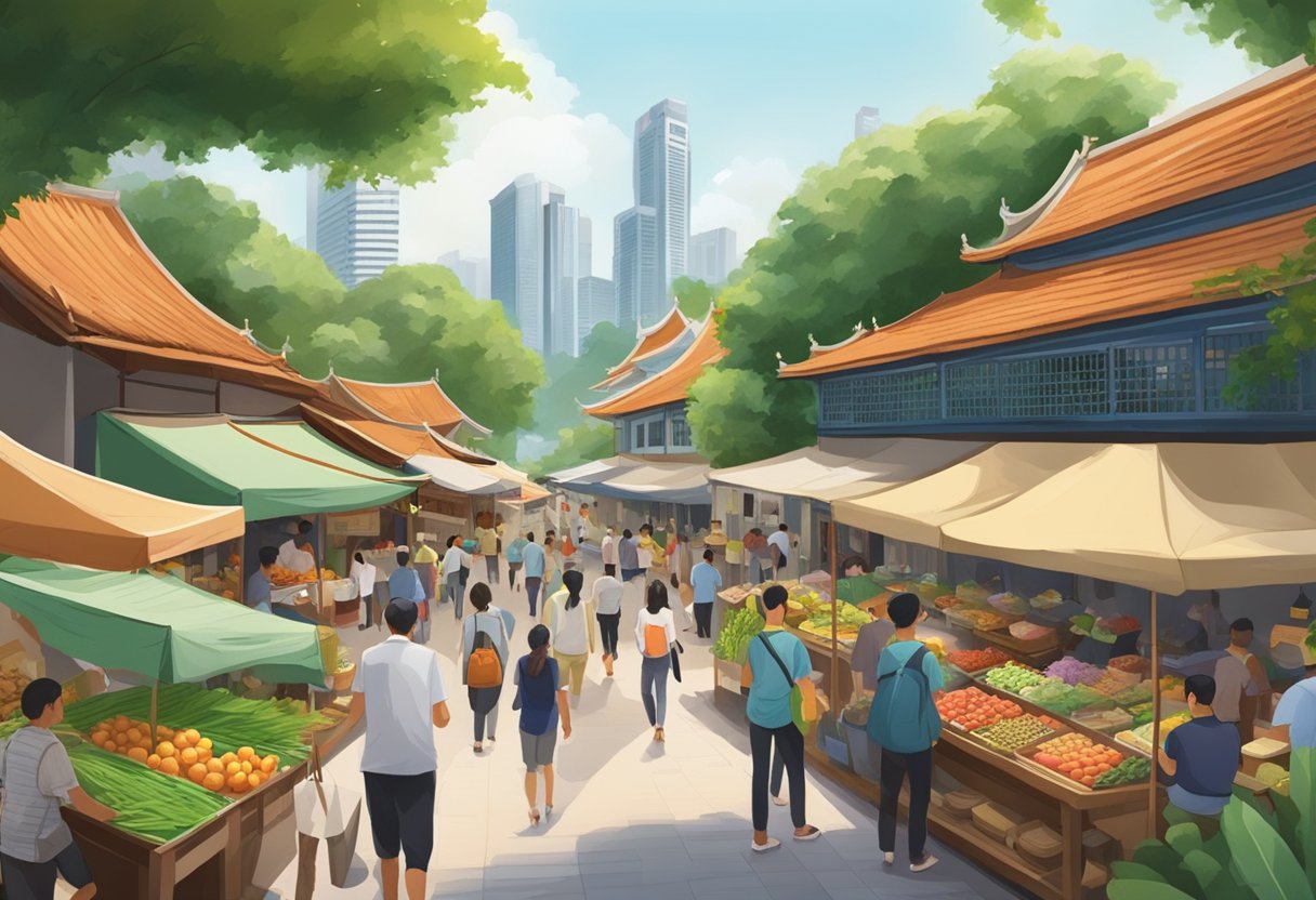 A bustling street market surrounded by lush greenery and traditional architecture in Singapore