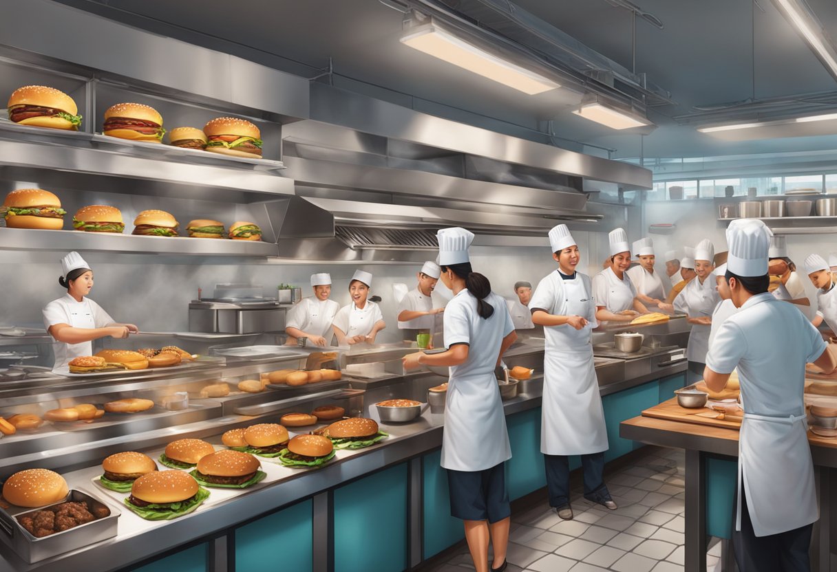 A bustling kitchen with sizzling grills, towering stacks of burger buns, and a flurry of chefs assembling mouth-watering creations at Burgers honbo burger in Singapore