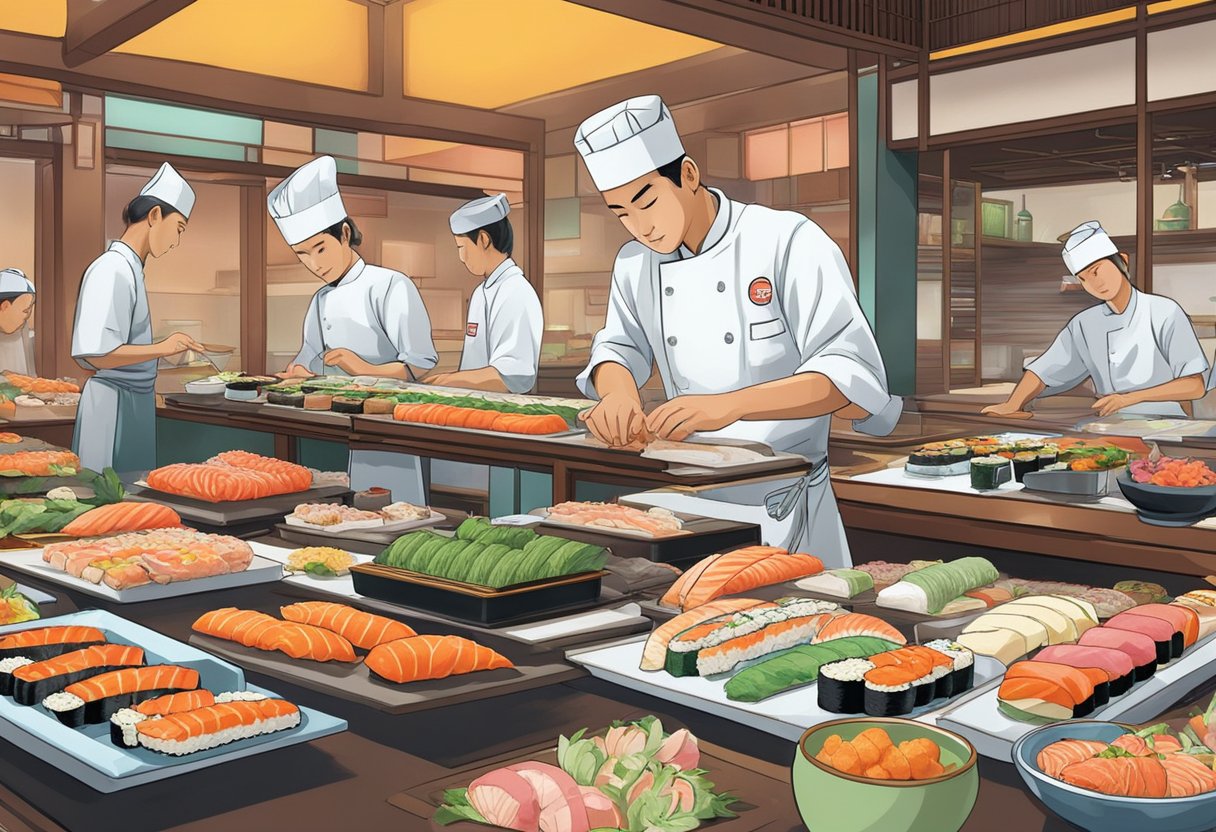 A sushi chef preparing a variety of sushi rolls at a colorful and bustling sushi restaurant in Singapore