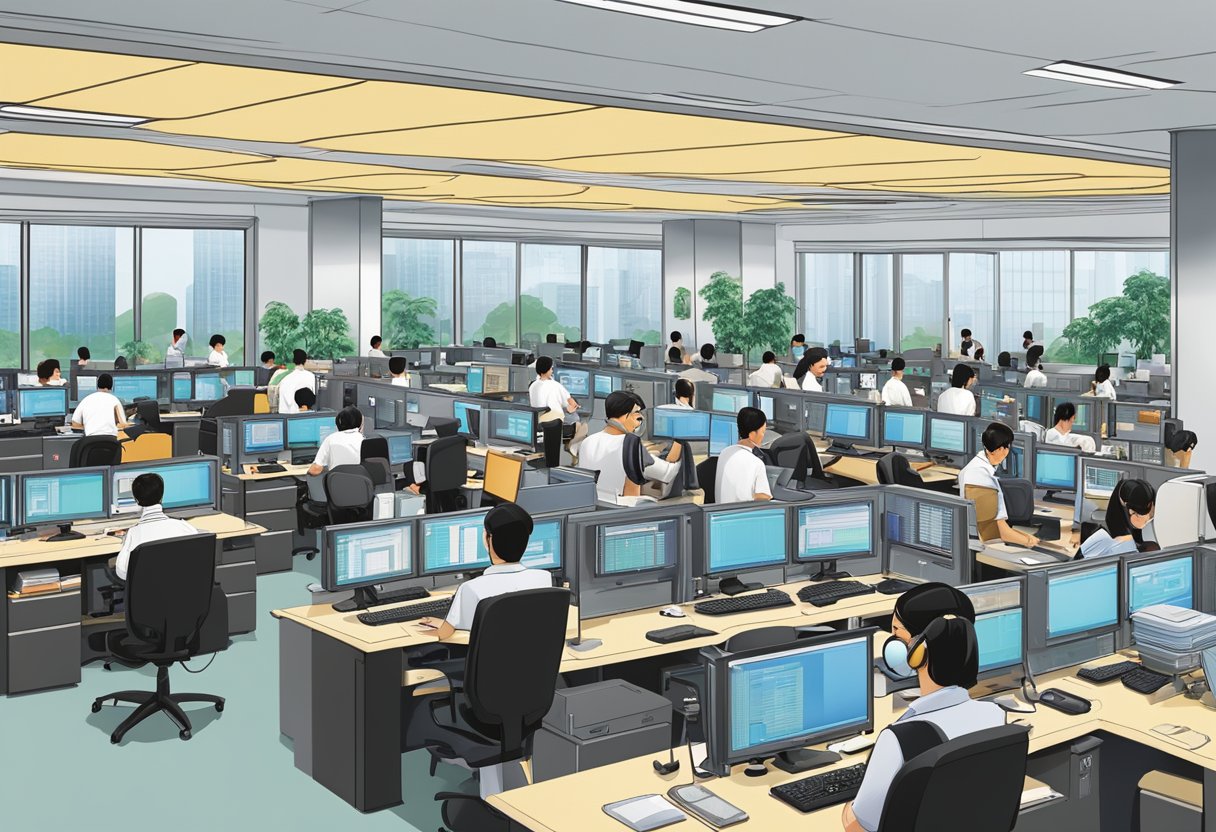 The HSBC Singapore hotline is a busy call center with employees assisting customers over the phone. The room is filled with cubicles, computers, and headsets as the employees work diligently to provide support