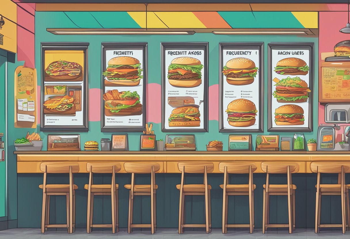 A colorful menu board with "Frequently Asked Questions" displayed, surrounded by vibrant burger illustrations at Honbo Burger in Singapore