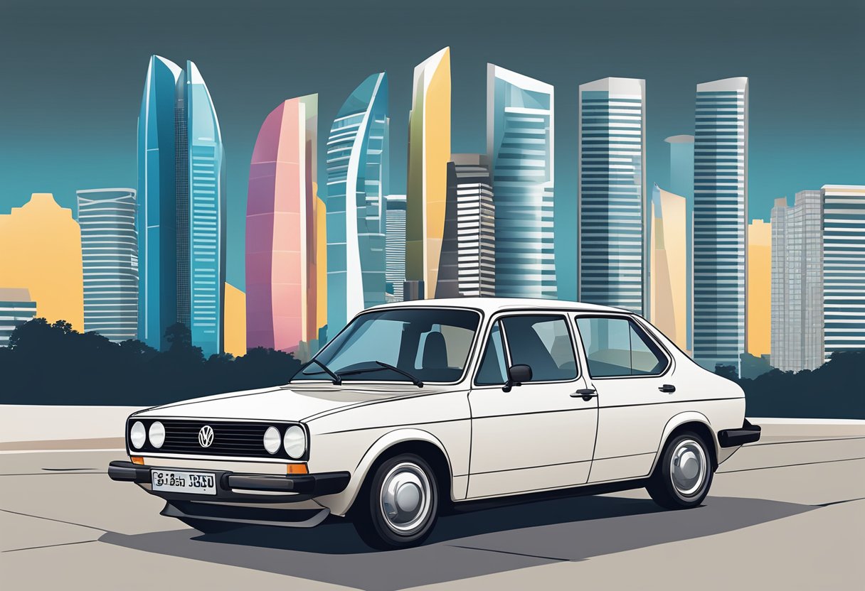 A sleek Volkswagen car parked in front of the Singapore skyline, showcasing its modern features and stylish design