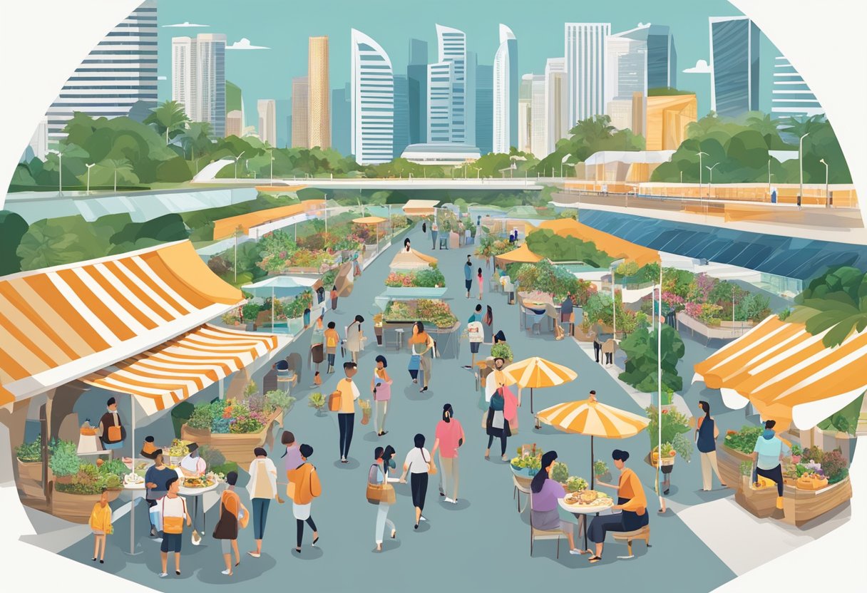 A bustling cityscape with iconic landmarks like the Marina Bay Sands and Gardens by the Bay, with people enjoying street food and exploring cultural sites