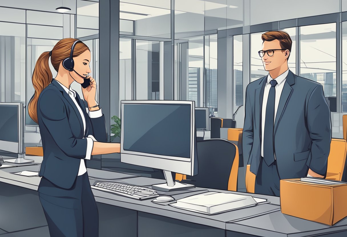 A customer service representative assists a client over the phone while security personnel monitor the premises