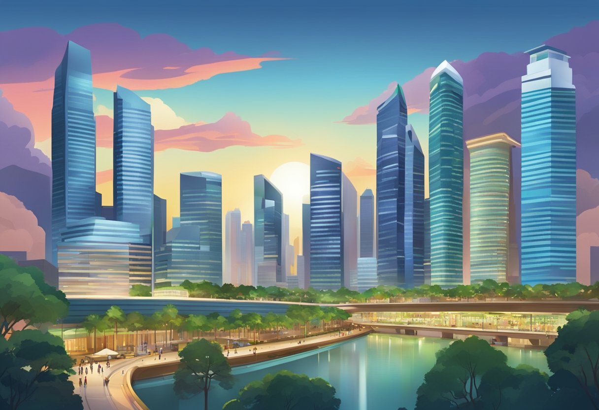 A bustling Singapore cityscape with skyscrapers and corporate buildings, set against a backdrop of a vibrant and modern urban environment