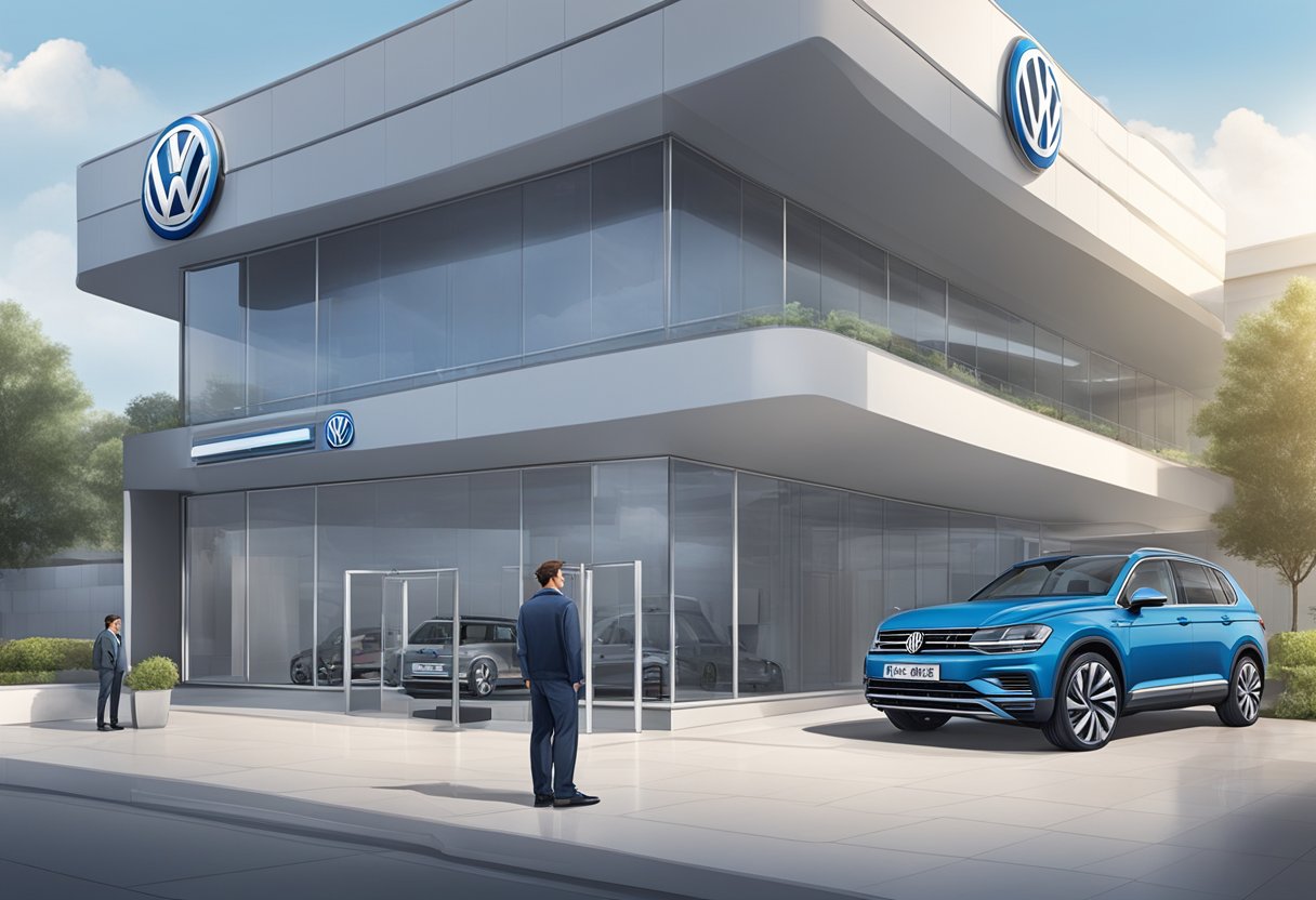 A Volkswagen car parked in front of a sleek, modern showroom with the company's logo prominently displayed. A service technician in uniform assists a customer