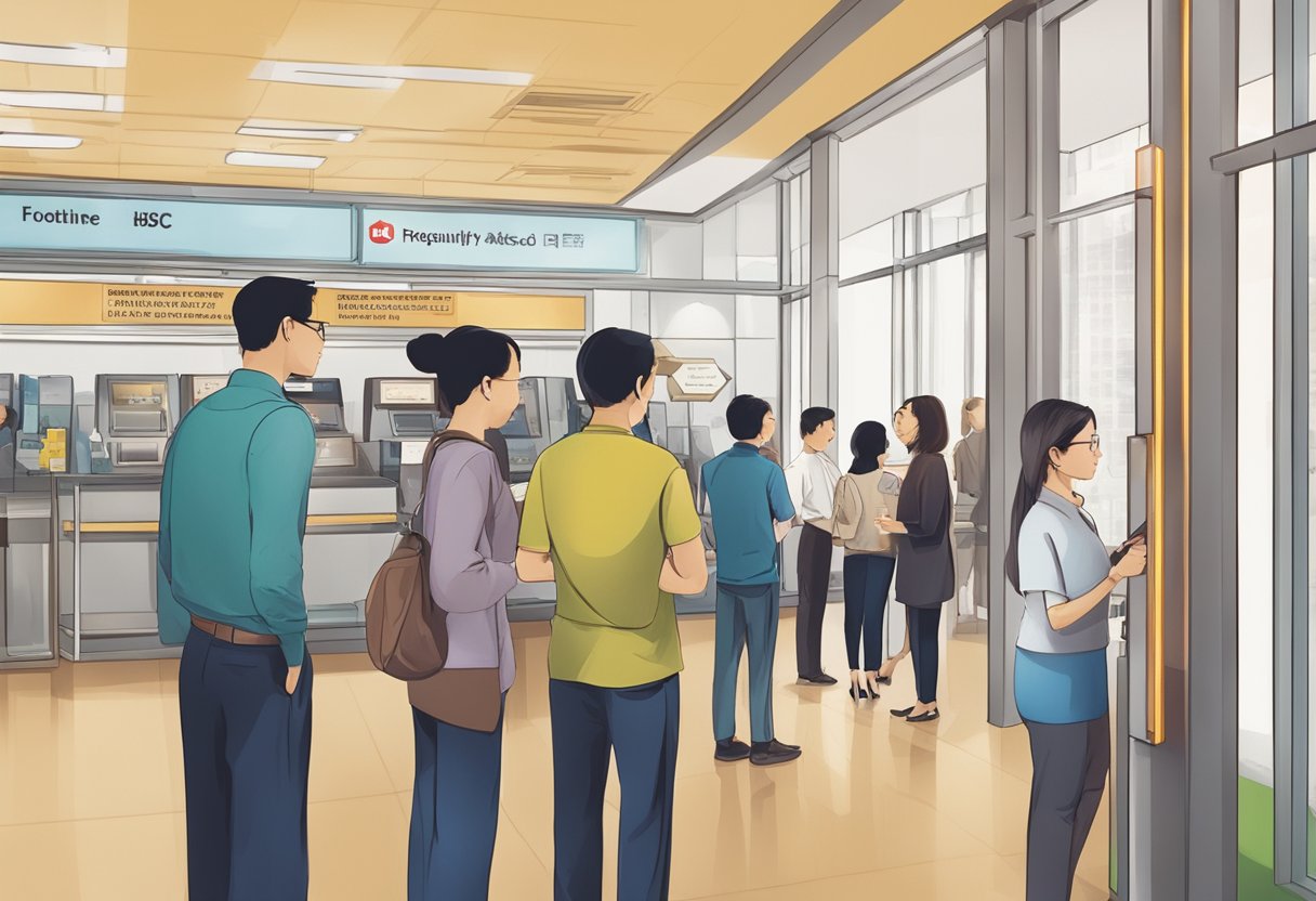 Customers lining up at the HSBC Singapore hotline, with a sign displaying "Frequently Asked Questions" prominently