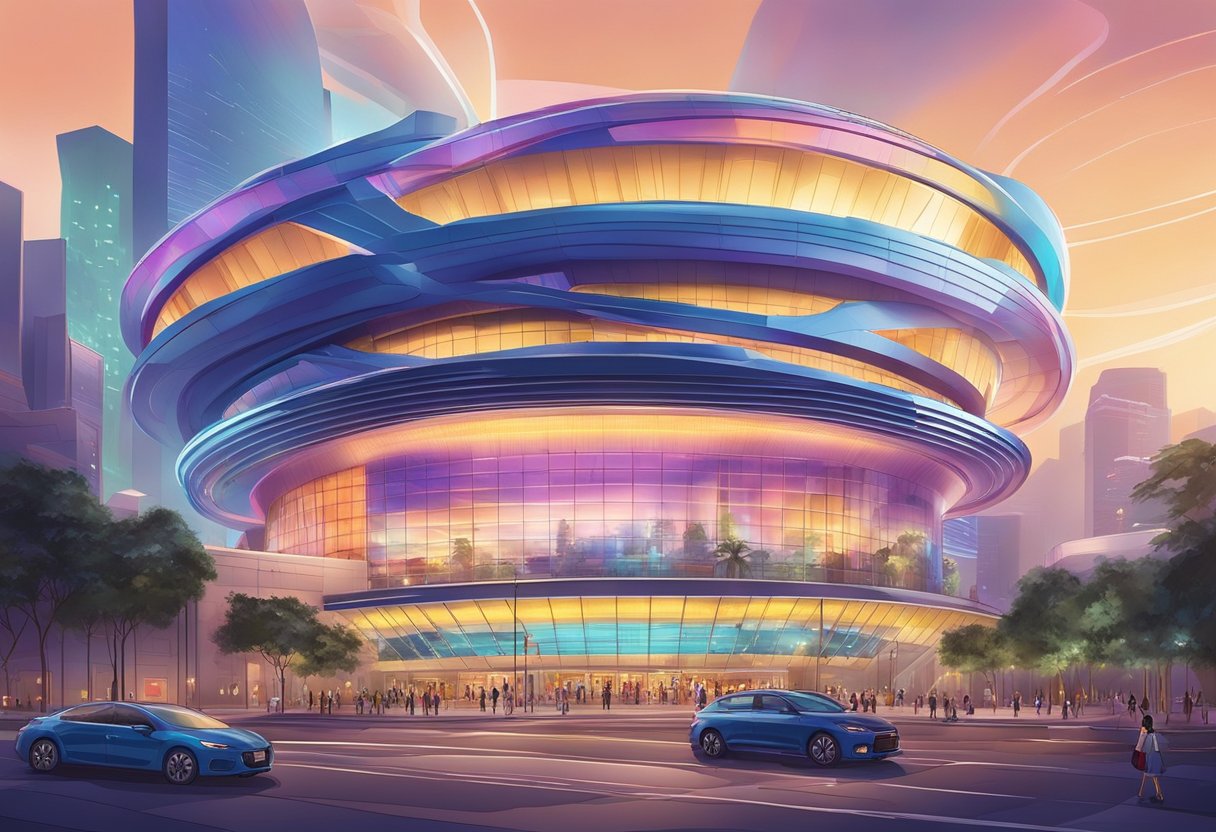 The IMAX Theatre in Singapore glows with vibrant lights, showcasing its modern architecture and futuristic design. The surrounding area is bustling with activity, as people flock to experience the immersive cinematic experience