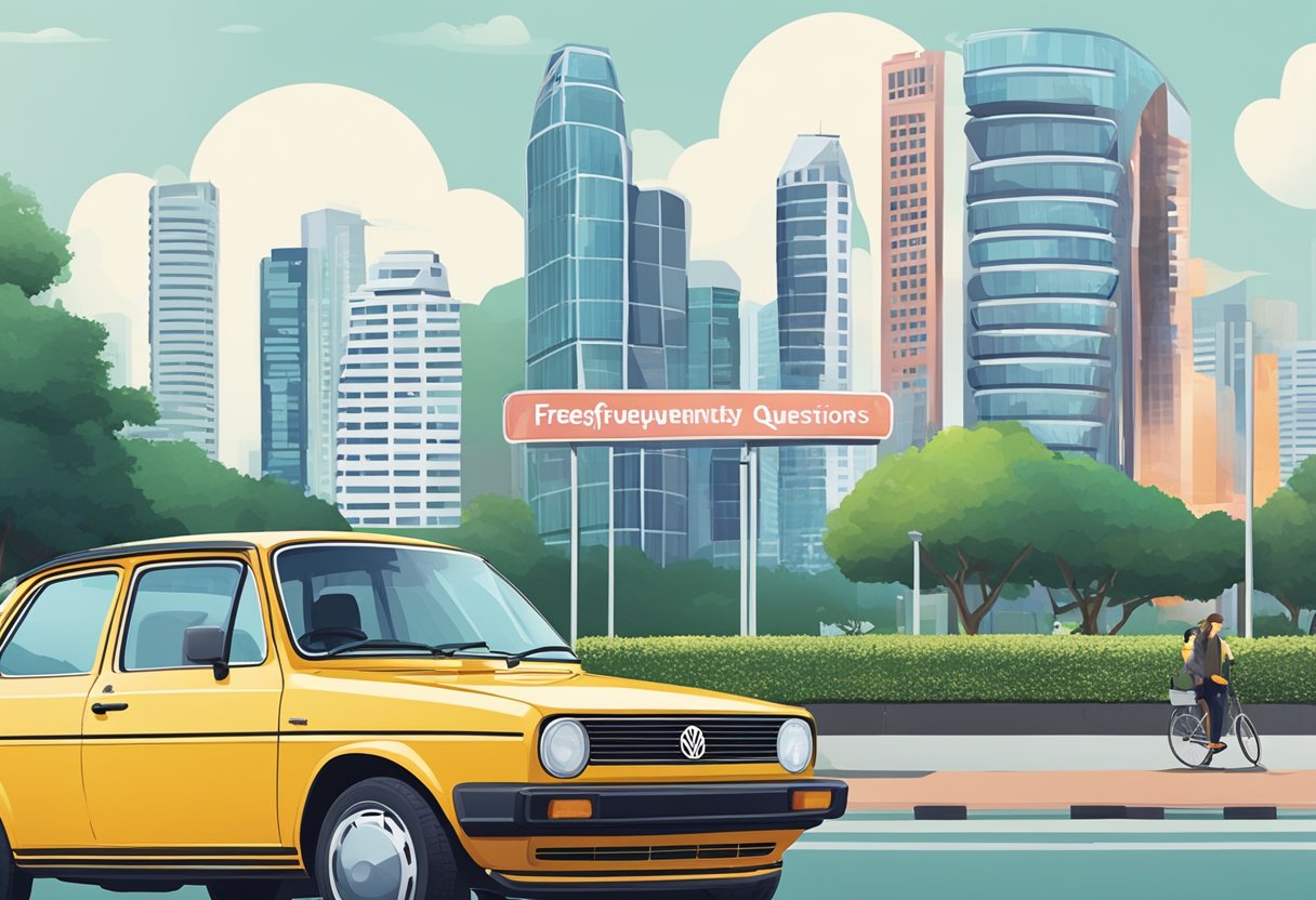 A Volkswagen car parked in front of a Singaporean landmark with a "Frequently Asked Questions" sign displayed prominently
